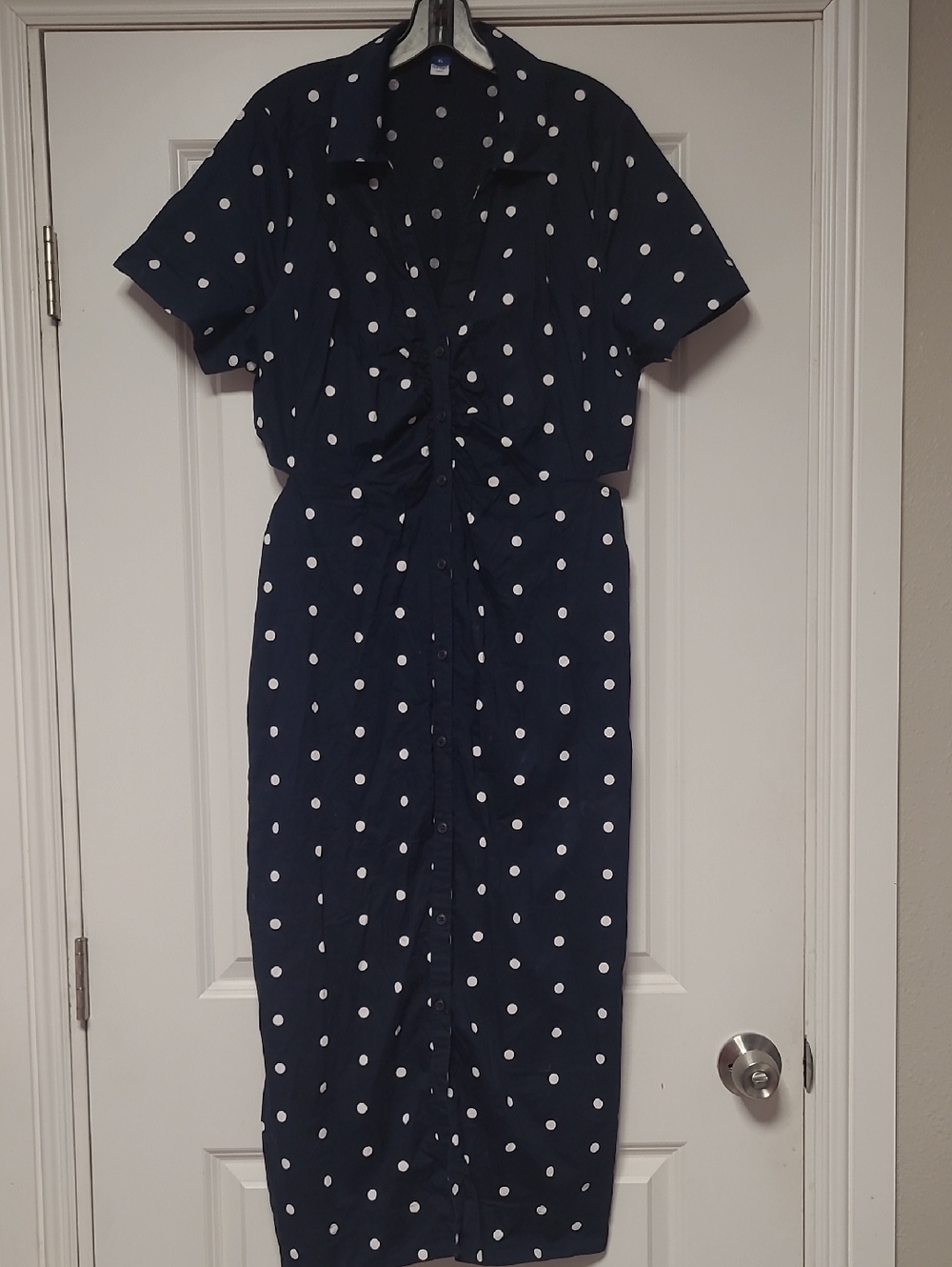 Polka Dot Navy Midi Side Cutout Dress - Classic Women’s Dress